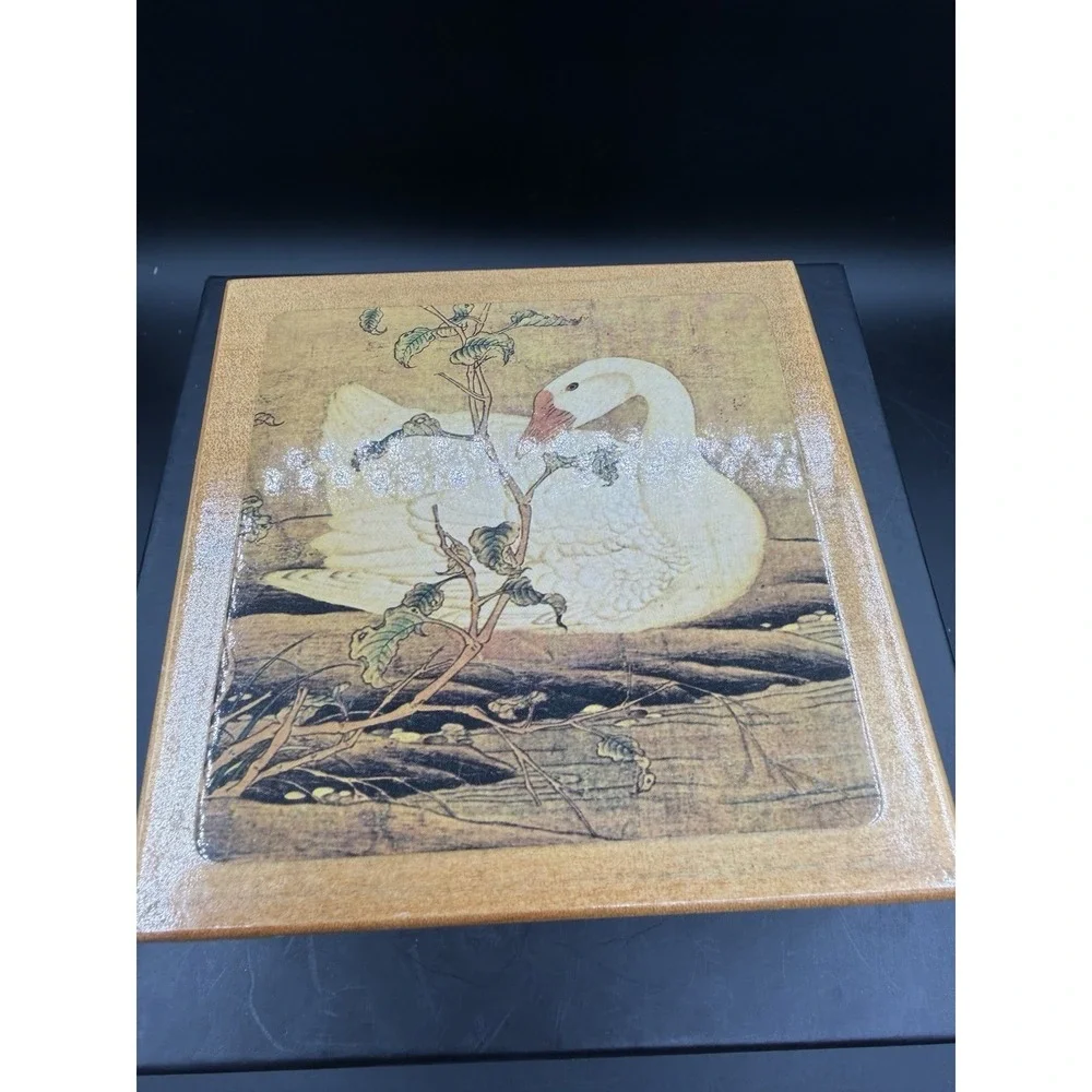 Vintage Square Wooden Trinket /Stash Box with Goose Decal on Lid
